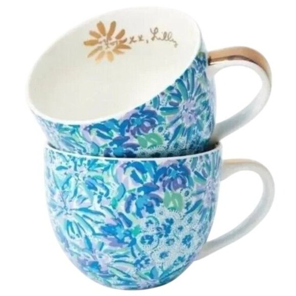 Lilly Pulitzer Mugs Ceramic 12oz  Blue Floral Set of 2 Coffee Tea Cocoa - Picture 1 of 3